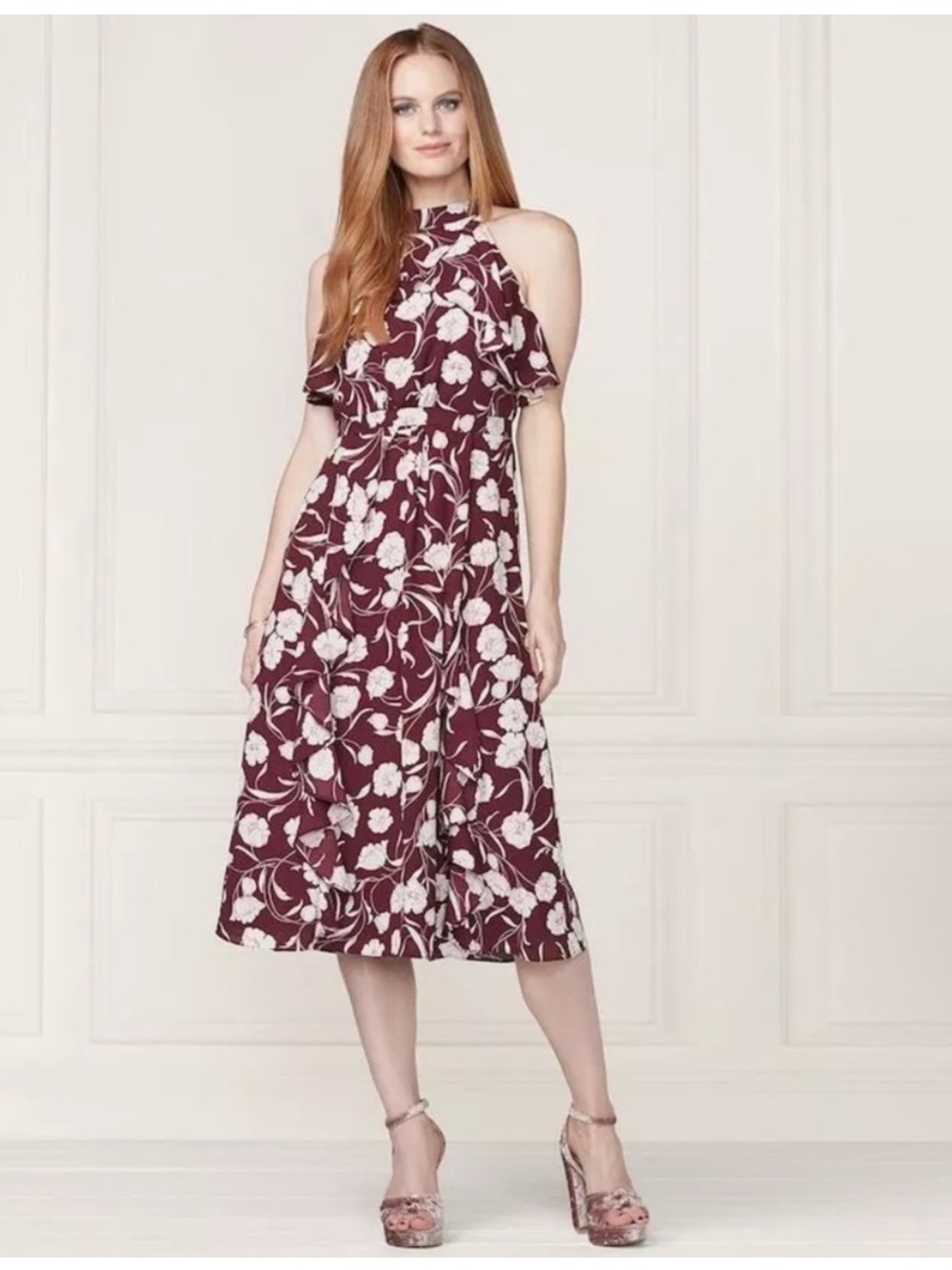 LC Lauren Conrad  Ruffle Burgundy Floral Halter Midi Dress Size 4